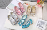 Princess Kids Leather Shoes for Girls Flower Casual Glitter Children High Heel Girls Shoes Butterfly Knot Blue Pink Silver