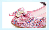 Princess Kids Leather Shoes for Girls Flower Casual Glitter Children High Heel Girls Shoes Butterfly Knot Blue Pink Silver
