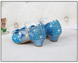 Princess Kids Leather Shoes for Girls Flower Casual Glitter Children High Heel Girls Shoes Butterfly Knot Blue Pink Silver