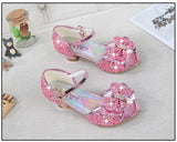 Princess Kids Leather Shoes for Girls Flower Casual Glitter Children High Heel Girls Shoes Butterfly Knot Blue Pink Silver