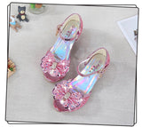 Princess Kids Leather Shoes for Girls Flower Casual Glitter Children High Heel Girls Shoes Butterfly Knot Blue Pink Silver