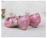Princess Kids Leather Shoes for Girls Flower Casual Glitter Children High Heel Girls Shoes Butterfly Knot Blue Pink Silver