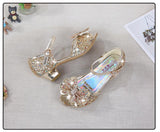 Princess Kids Leather Shoes for Girls Flower Casual Glitter Children High Heel Girls Shoes Butterfly Knot Blue Pink Silver