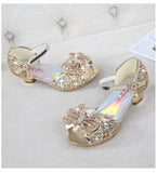 Princess Kids Leather Shoes for Girls Flower Casual Glitter Children High Heel Girls Shoes Butterfly Knot Blue Pink Silver