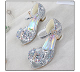 Princess Kids Leather Shoes for Girls Flower Casual Glitter Children High Heel Girls Shoes Butterfly Knot Blue Pink Silver