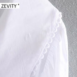 ZEVITY women sweet peter pan collar lace stitching casual poplin blouse shirts women puff sleeve white chemise chic tops LS7201