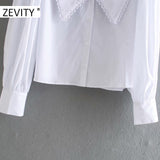 ZEVITY women sweet peter pan collar lace stitching casual poplin blouse shirts women puff sleeve white chemise chic tops LS7201