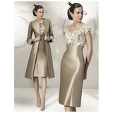 Exquisite Bronze Square Neckline Flowers Short Sleeve Mother of the Bride Dresses With Jacket Wedding Party Gowns Knee Length