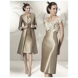 Exquisite Bronze Square Neckline Flowers Short Sleeve Mother of the Bride Dresses With Jacket Wedding Party Gowns Knee Length