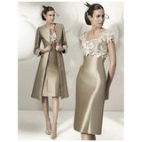 Exquisite Bronze Square Neckline Flowers Short Sleeve Mother of the Bride Dresses With Jacket Wedding Party Gowns Knee Length