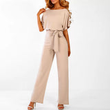 GOOHOJIO Rompers Women Jumpsuit Short Sleeve Playsuit Clubwear Straight Leg Jumpsuit Women's With Belt Bodysuit Rompers