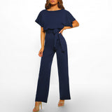 GOOHOJIO Rompers Women Jumpsuit Short Sleeve Playsuit Clubwear Straight Leg Jumpsuit Women's With Belt Bodysuit Rompers