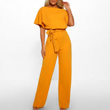 GOOHOJIO Rompers Women Jumpsuit Short Sleeve Playsuit Clubwear Straight Leg Jumpsuit Women's With Belt Bodysuit Rompers