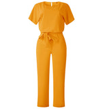 GOOHOJIO Rompers Women Jumpsuit Short Sleeve Playsuit Clubwear Straight Leg Jumpsuit Women's With Belt Bodysuit Rompers
