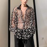 Fashion Men Mesh Shirt Transparent Long Sleeve Printed Lapel Loose Streetwear Blouse Party Clubwear Casual Casmia S-5XL INCERUN