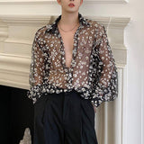 Fashion Men Mesh Shirt Transparent Long Sleeve Printed Lapel Loose Streetwear Blouse Party Clubwear Casual Casmia S-5XL INCERUN