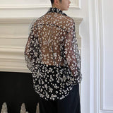 Fashion Men Mesh Shirt Transparent Long Sleeve Printed Lapel Loose Streetwear Blouse Party Clubwear Casual Casmia S-5XL INCERUN