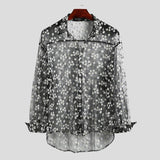 Fashion Men Mesh Shirt Transparent Long Sleeve Printed Lapel Loose Streetwear Blouse Party Clubwear Casual Casmia S-5XL INCERUN