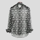 Fashion Men Mesh Shirt Transparent Long Sleeve Printed Lapel Loose Streetwear Blouse Party Clubwear Casual Casmia S-5XL INCERUN