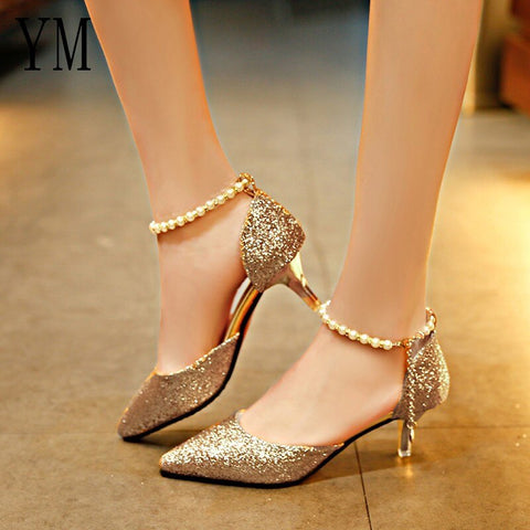 Pointed Toe Pearl High Heels Shoes Female Fashion Hollow with Sandals Paillette of The Thin Breathable Shoes Women Pumps Shoes - ENSEIGNE DENIS