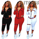 2020 Autumn Women's Sportswear 2pcs Women's Hooded Long Sleeve Zip Crop Tops Long Pants Trousers Loose Casual Clothes Set