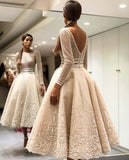 Elegant Bige Color Unique Lace Evening Dresses Full Sleeves V-Back Ankle Length Prom Gowns 2020 Robe De Soiree Party Dresses