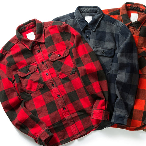 100% Cotton Heavyweight Retro Vintage Spring Autumn Winter Long Sleeve Buffalo Plaid Flannel Shirt Jacket for Men