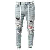 Ripped Pencil Jeans Men Skinny Hole Splicing Biker Side Striped Jeans Destroyed Hole Hip Hop Slim Fit Jean Men's Pant