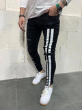 Ripped Pencil Jeans Men Skinny Hole Splicing Biker Side Striped Jeans Destroyed Hole Hip Hop Slim Fit Jean Men's Pant