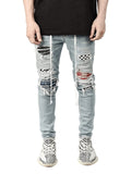 Ripped Pencil Jeans Men Skinny Hole Splicing Biker Side Striped Jeans Destroyed Hole Hip Hop Slim Fit Jean Men's Pant