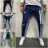 Ripped Pencil Jeans Men Skinny Hole Splicing Biker Side Striped Jeans Destroyed Hole Hip Hop Slim Fit Jean Men's Pant