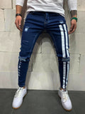 Ripped Pencil Jeans Men Skinny Hole Splicing Biker Side Striped Jeans Destroyed Hole Hip Hop Slim Fit Jean Men's Pant