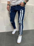 Ripped Pencil Jeans Men Skinny Hole Splicing Biker Side Striped Jeans Destroyed Hole Hip Hop Slim Fit Jean Men's Pant