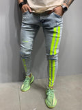 Ripped Pencil Jeans Men Skinny Hole Splicing Biker Side Striped Jeans Destroyed Hole Hip Hop Slim Fit Jean Men's Pant
