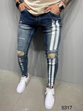 Ripped Pencil Jeans Men Skinny Hole Splicing Biker Side Striped Jeans Destroyed Hole Hip Hop Slim Fit Jean Men's Pant