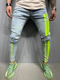 Ripped Pencil Jeans Men Skinny Hole Splicing Biker Side Striped Jeans Destroyed Hole Hip Hop Slim Fit Jean Men's Pant