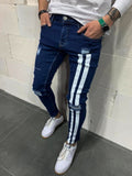 Ripped Pencil Jeans Men Skinny Hole Splicing Biker Side Striped Jeans Destroyed Hole Hip Hop Slim Fit Jean Men's Pant