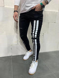 Ripped Pencil Jeans Men Skinny Hole Splicing Biker Side Striped Jeans Destroyed Hole Hip Hop Slim Fit Jean Men's Pant