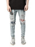 Ripped Pencil Jeans Men Skinny Hole Splicing Biker Side Striped Jeans Destroyed Hole Hip Hop Slim Fit Jean Men's Pant