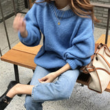 Aachoae Sweater Women 2020 Autumn Winter Solid O Neck Pullover Sweaters Korean Style Knitted Long Sleeve Jumpers Casual Tops