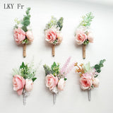 LKY Fr Boutonniere Flowers Wedding Corsage Pins White Pink Groom Boutonniere Buttonhole Men Wedding Witness Marriage Accessories