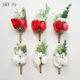 LKY Fr Boutonniere Flowers Wedding Corsage Pins White Pink Groom Boutonniere Buttonhole Men Wedding Witness Marriage Accessories