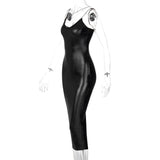 Dulzura Pu Faux Leather Women Slit Midi Dress Strap V Neck Backless Bodycon Sexy Streetwear Party Elegant Autumn Winter Club