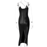 Dulzura Pu Faux Leather Women Slit Midi Dress Strap V Neck Backless Bodycon Sexy Streetwear Party Elegant Autumn Winter Club