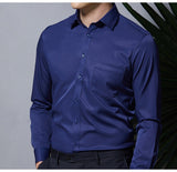 Men's Non-iron Stretch Long Sleeve Striped Dress Shirts Smart Casual Smooth Material Standard-fit Youthful Button-down Shirt