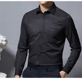 Men's Non-iron Stretch Long Sleeve Striped Dress Shirts Smart Casual Smooth Material Standard-fit Youthful Button-down Shirt