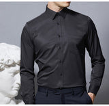Men's Non-iron Stretch Long Sleeve Striped Dress Shirts Smart Casual Smooth Material Standard-fit Youthful Button-down Shirt