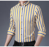 Men's Non-iron Stretch Long Sleeve Striped Dress Shirts Smart Casual Smooth Material Standard-fit Youthful Button-down Shirt
