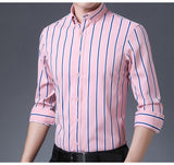 Men's Non-iron Stretch Long Sleeve Striped Dress Shirts Smart Casual Smooth Material Standard-fit Youthful Button-down Shirt