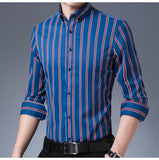 Men's Non-iron Stretch Long Sleeve Striped Dress Shirts Smart Casual Smooth Material Standard-fit Youthful Button-down Shirt